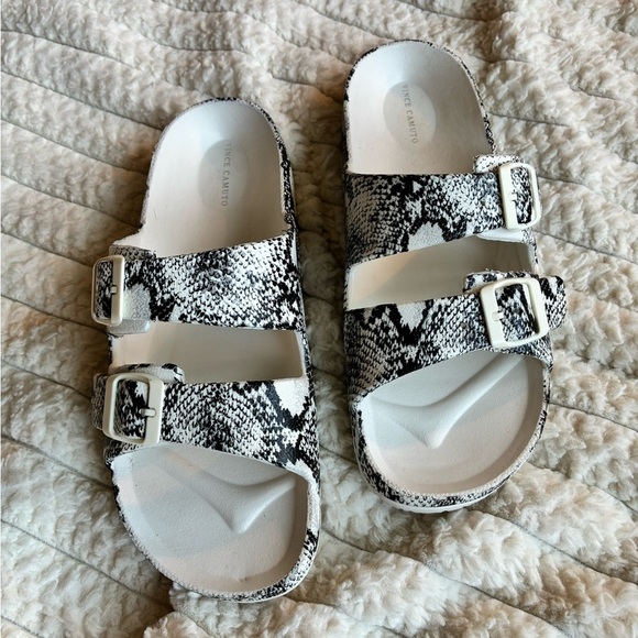 Vince Camuto Shoes - Vince Camuto Black and White Snakeskin Sandal Slides